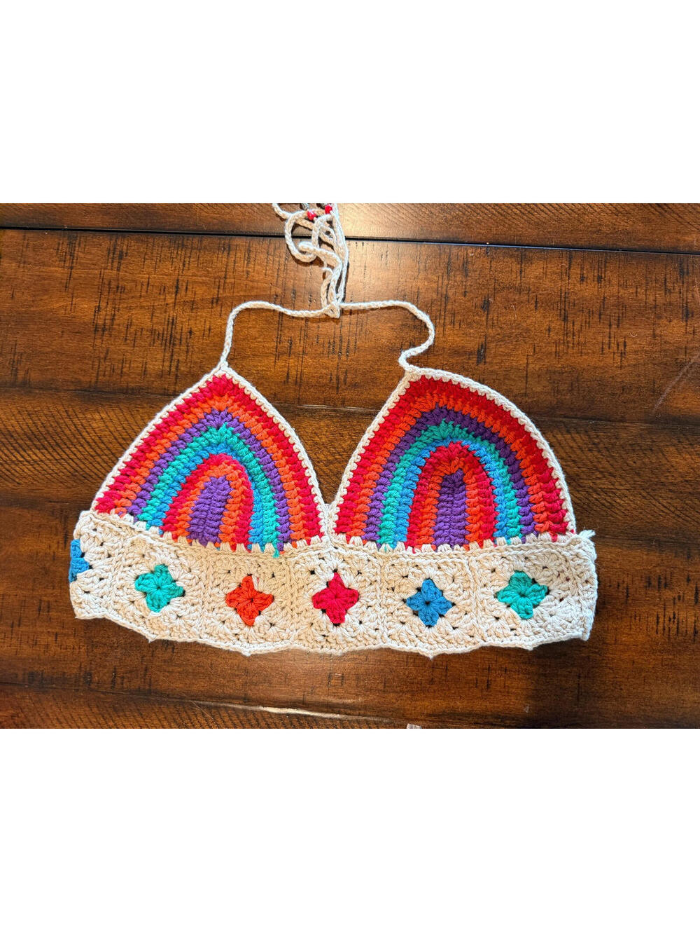 Handmade Crochet Halter Bralette Top - Multicolor and beaded - Size S